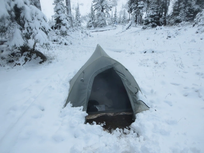 We woke up to 5 inches of snow around our tent on the last day!